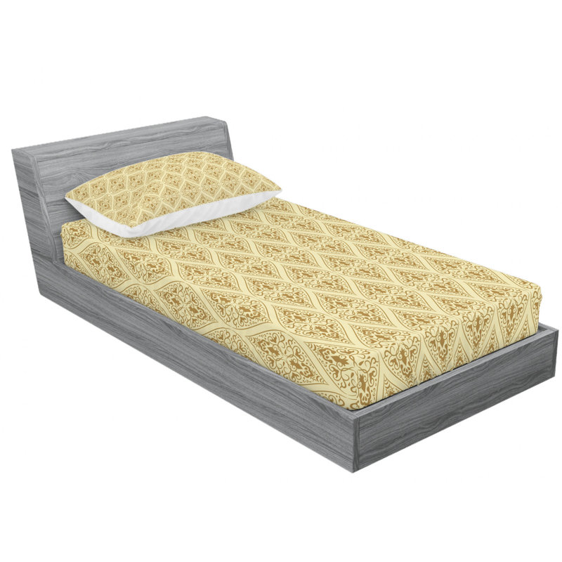 Microfiber Sheet Set, Twin Sheet Set with Fitted Sheet, Pale Yellow/Amber Damask