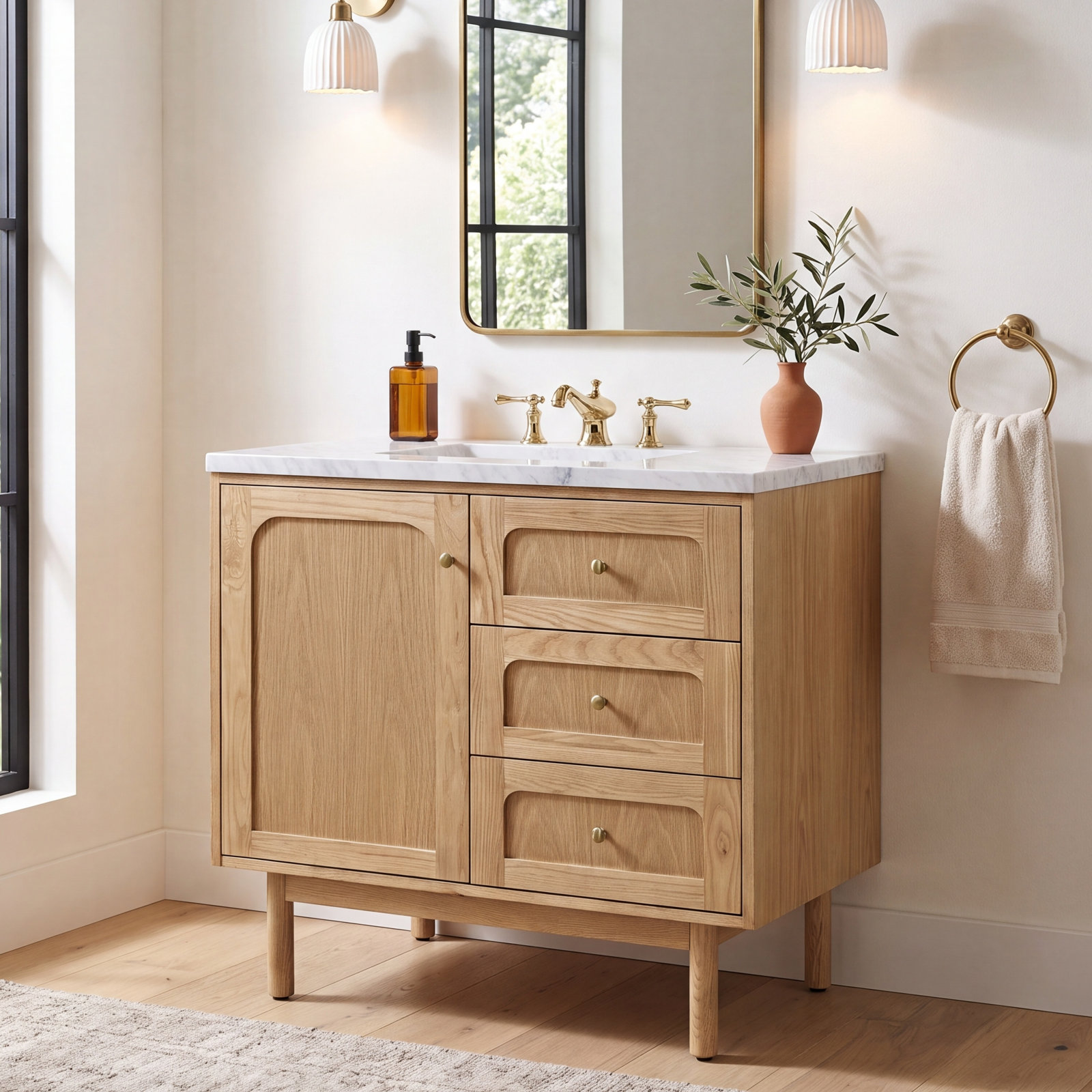Laurent 36" Single Bathroom Vanity, Carrara White, 8" Widespread, Light Natural Oak