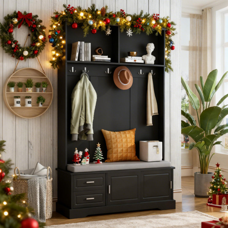 Arbre d'entrée 3-en-1 avec portes coulissantes, banc rembourré, rangement pour chaussures et crochets argentés, portemanteau l 47,2 po avec coussin ON-TREND, noir