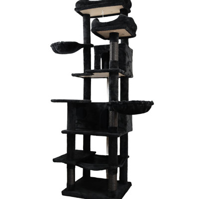 Grand arbre à chat autoportant noir de 68 pouces avec zone de jeu à 6 niveaux pour chats multicolores, coussins de luxe amovibles lavables, poteaux à griffes enveloppés et zones de sieste