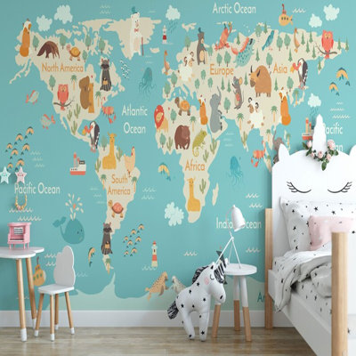 Kids World Map With Animals Wall Mural, Educational Cartoon Geography Design, Nursery Playroom Bedroom Wallpaper Decor