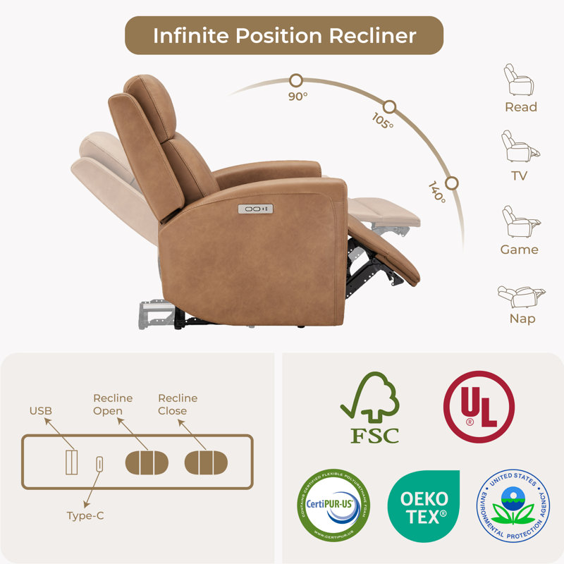 Zero Wall Vegan Leather Power Recliner, Camel
