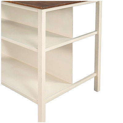 Îlot de cuisine fixe en bois massif de 45 pouces de style champêtre, îlot de salle à manger en bois d'hévéa, avec 2 tablettes ouvertes, noyer et blanc crème