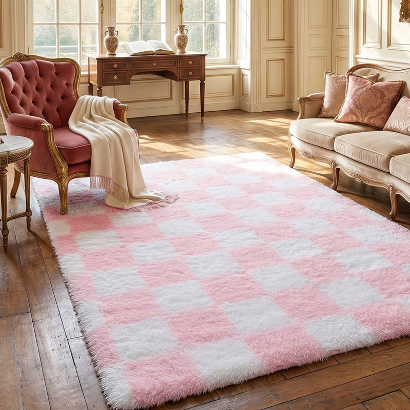 Plush Checkered Shag Area Rug - Soft Fluffy Pink & White Grid Fleece Carpet for Living Room, Bedroom, Dry-Clean Only, High-Pile Shaggy Rug with Modern Checkerboard Pattern, Cozy Non-Slip Floor Decor for Contemporary Home Spaces
