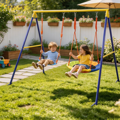 Balançoire robuste en métal avec structure en A pour jardin, capacité de charge de 200 kg, comprenant une balançoire soucoupe et un siège de balançoire à ceinture – Support de balançoire extérieur jaune et bleu