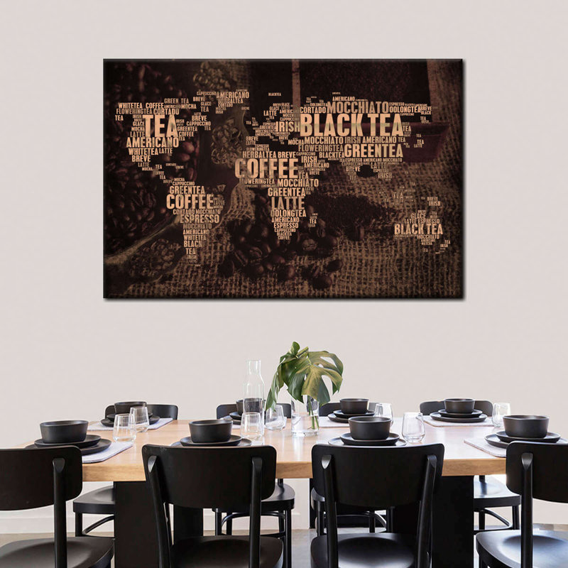 Aliments et boissons, typographie, thé, café, carte du monde, reproduction sur toile, H 30 po x l 45 po x P 1,25 po