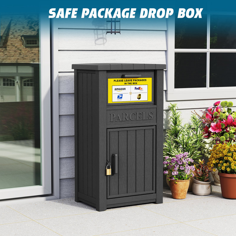 Resin Package Drop Box, Lockable Package Delivery and Outdoor Storage Box, Black, 43.7" H x 24.2" W x 17.7" D