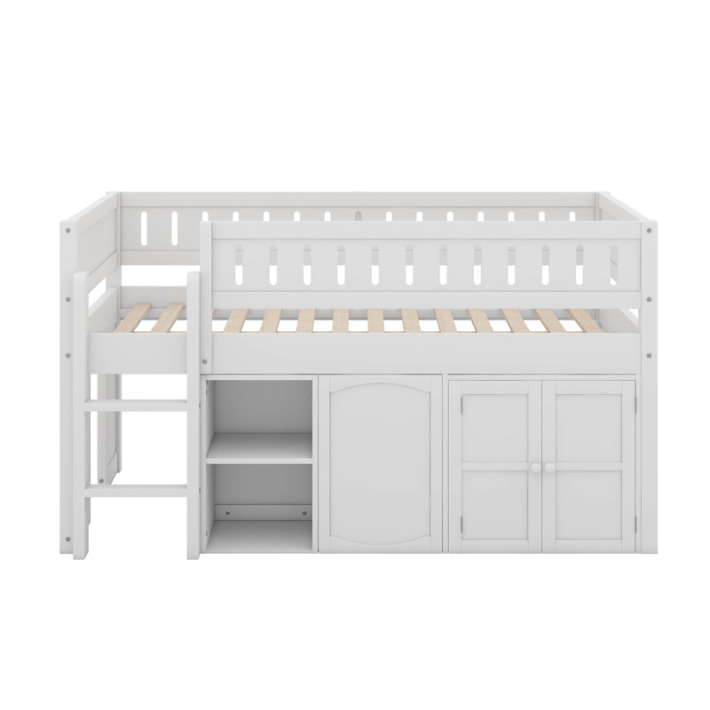 Lit mezzanine double avec armoire de rangement et tableau noir, Blanc