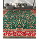 Hand Knotted Wool Oriental Area Rug in Light Green And Rust