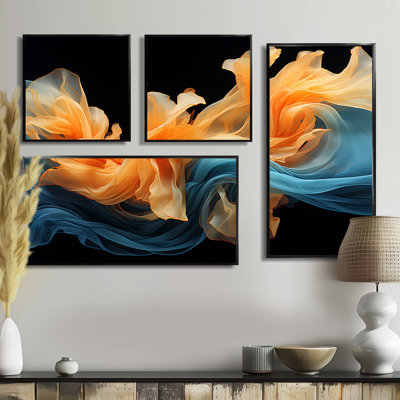 Encre liquide orange vif et turquoise - décoration murale moderne 4 pièces