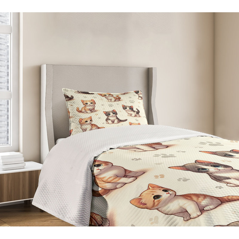 Twin Gray Cat Cartoon Polyester Bedspread Set