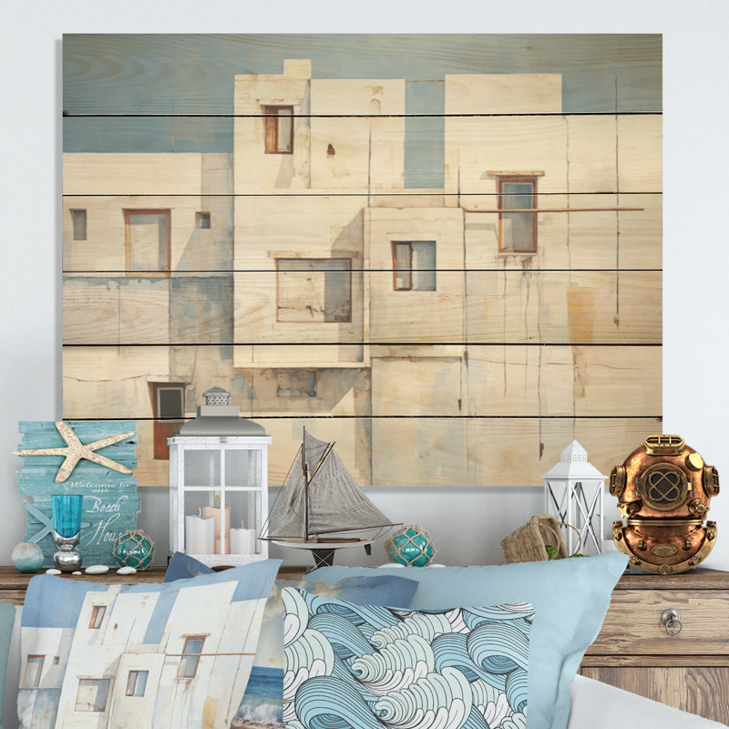 «Soft Color Cubic Beach House I - Coastal Windows», art mural sur bois de pin naturel, H 10 po x l 20 po