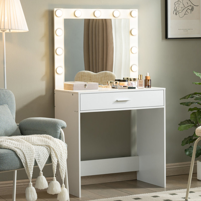 Bureau de coiffeuse avec miroir et lumières, coiffeuse avec 1 grand tiroir, Blanc