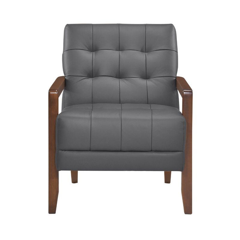 Fauteuil Lenie, cuir capitonné, bois de noyer, Gris foncé