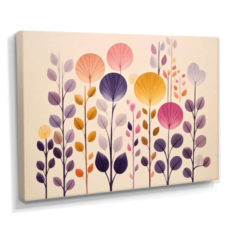 Paysage floral rétro jaune mauve - botanique, art mural, Toile tendue, H 12 po x l 20 po