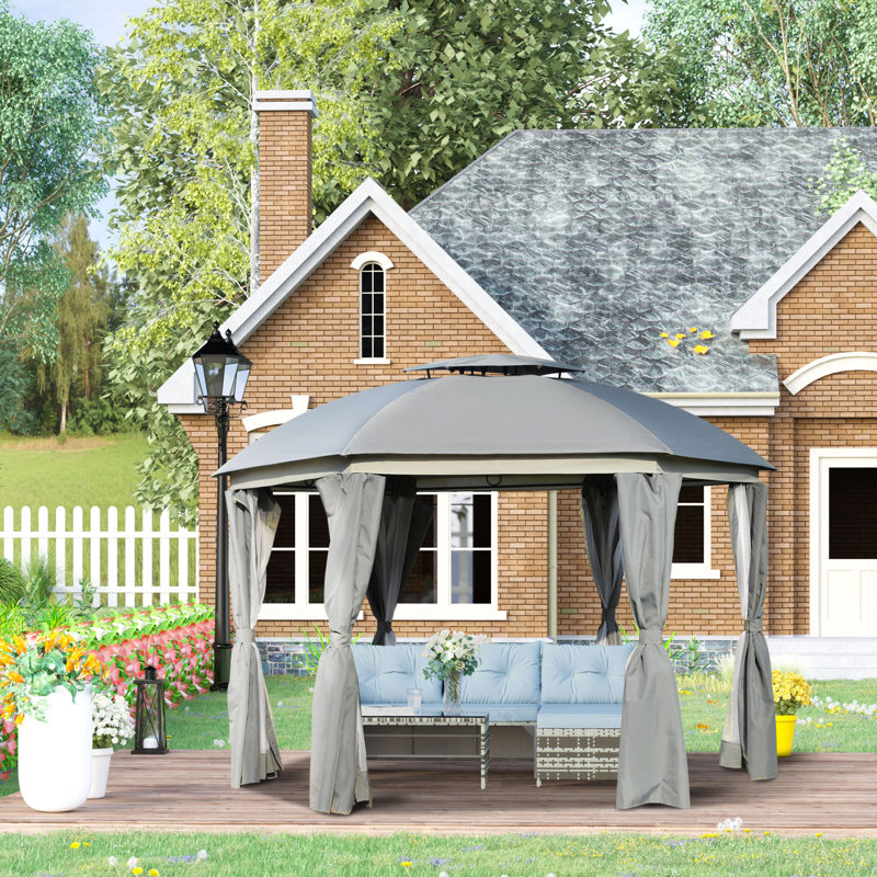 12' x 12' Gray Steel Patio Gazebo with Netting and Curtains