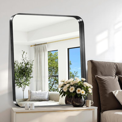 Black Bathroom Mirror, 30"X36" Rectangular Mirror With Deep Metal Frame, Rounded Corner, Tempered Glass, Mirror For Wall, Oversink, Bedroom, Installed Vertically/Horizontally, Crystal-Clear