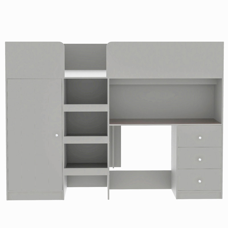 Lit mezzanine double en bois avec garde-robe intégrée, bureau, tablettes de rangement et tiroirs, Gris