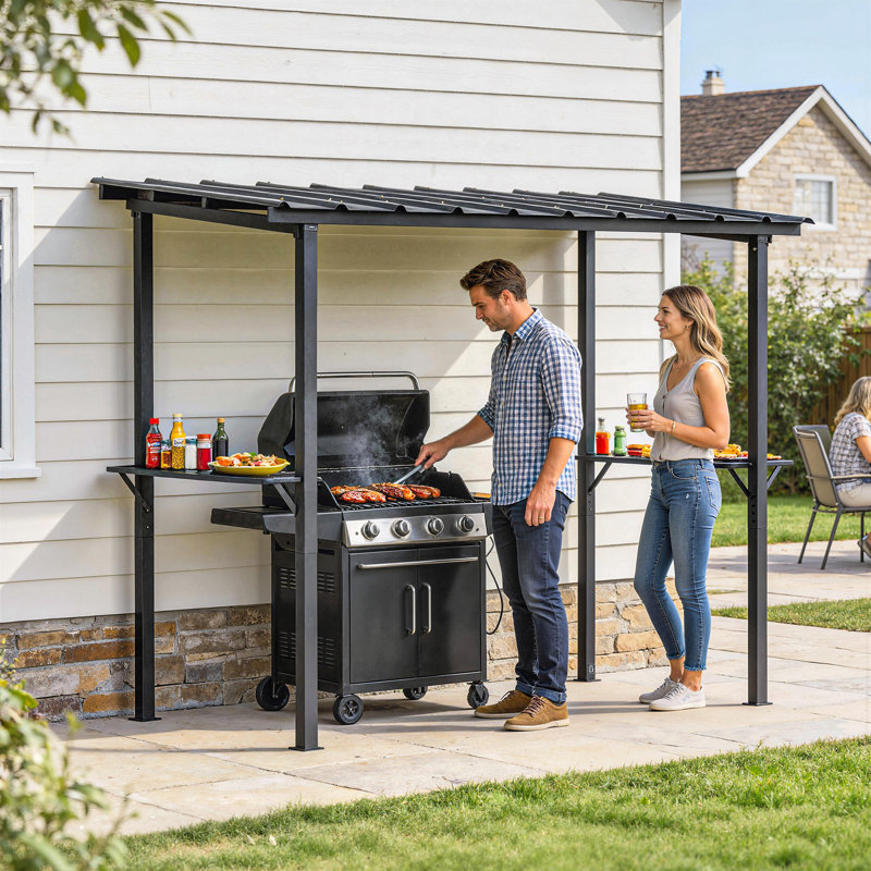 Pavillon de jardin à toit rigide 9 pi x 6 pi, pavillon de barbecue avec 2 tablettes latérales