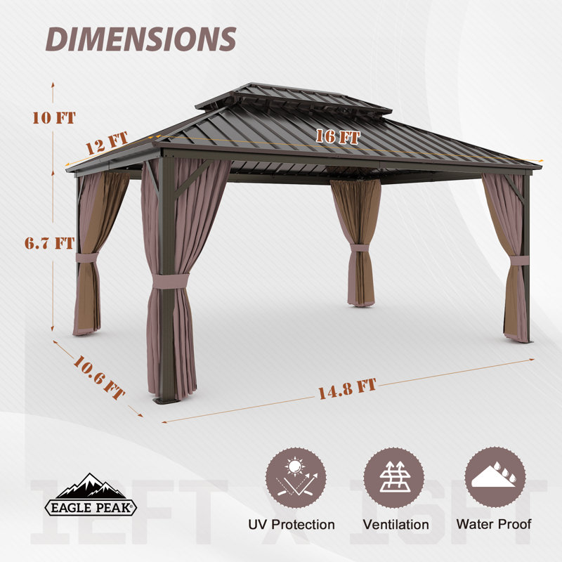 Outdoor Aluminum Frame Hardtop Patio Gazebo, 16 ft x 12 ft