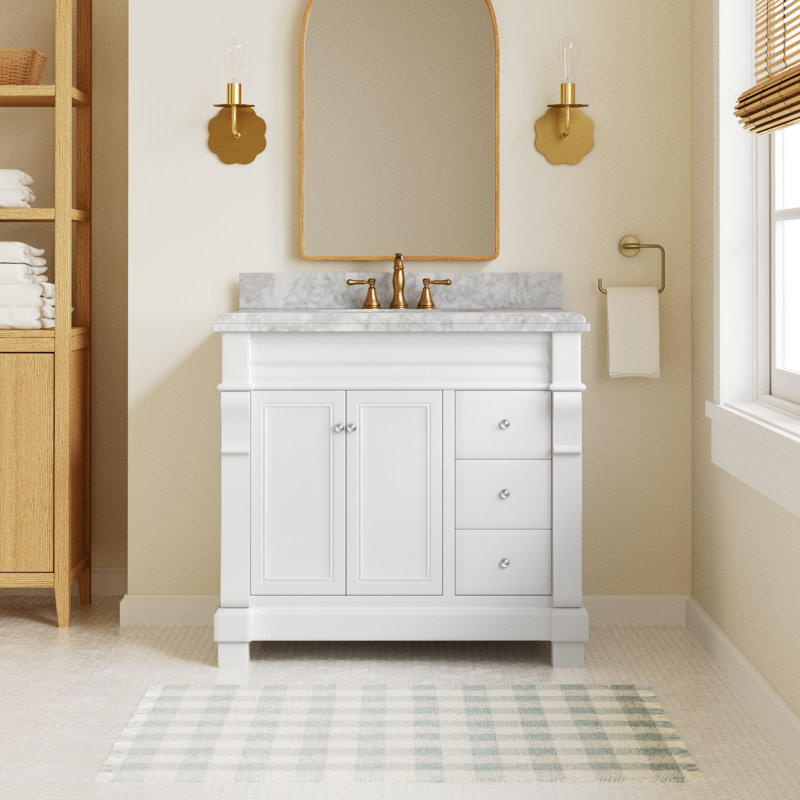 Flo 36'' Single Bathroom Vanity with Carrara Marble Top, White, Marble
