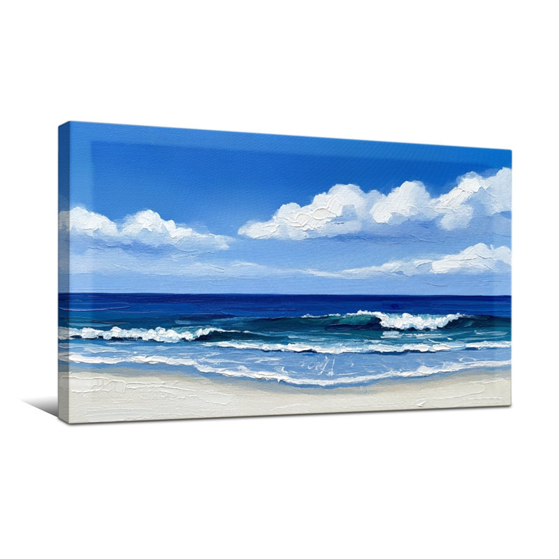 Nautique et plage, vagues océan, ciel, plage, nuages, bleu sable, H 16 po x l 32 po