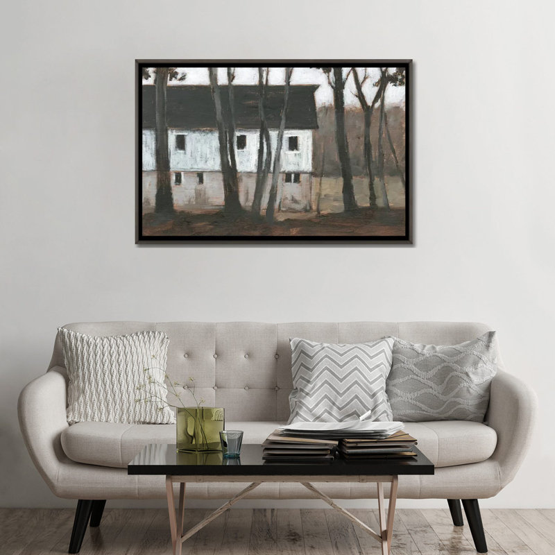 «Autumn Barns I» par Ethan Harper - reproduction d'art, H 32 po x l 48 po x 1,5 po, Toile avec cadre gris, Pas de tapis