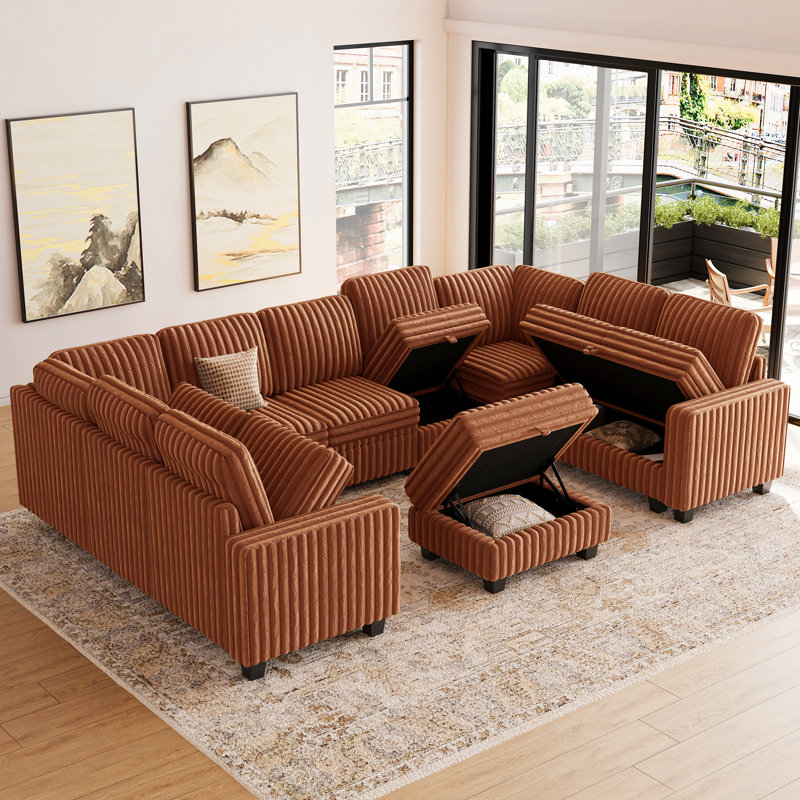 Storage Couch Large U - Shaped Faux Fur Sectional Sofa Modular  Sofa Bed With Ottoman, Brown Faux Fur