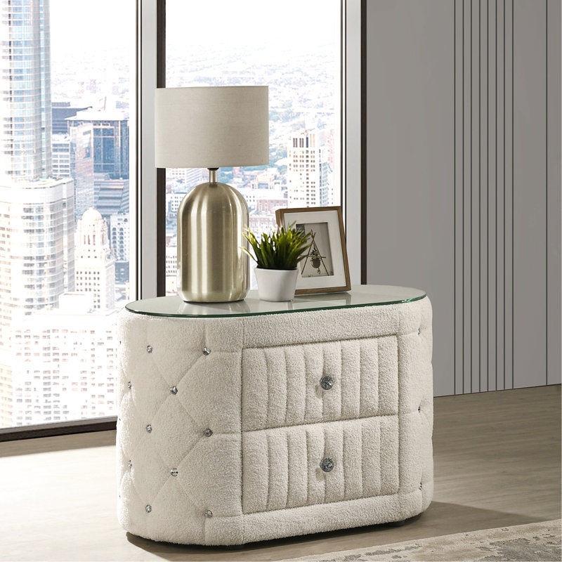 Table de chevet ovale avec 2 tiroirs spacieux, recouverte de tissu Boucl doux, capitonnage à boutons en acrylique et plateau en verre trempé pour le tissu de la chambre à coucher