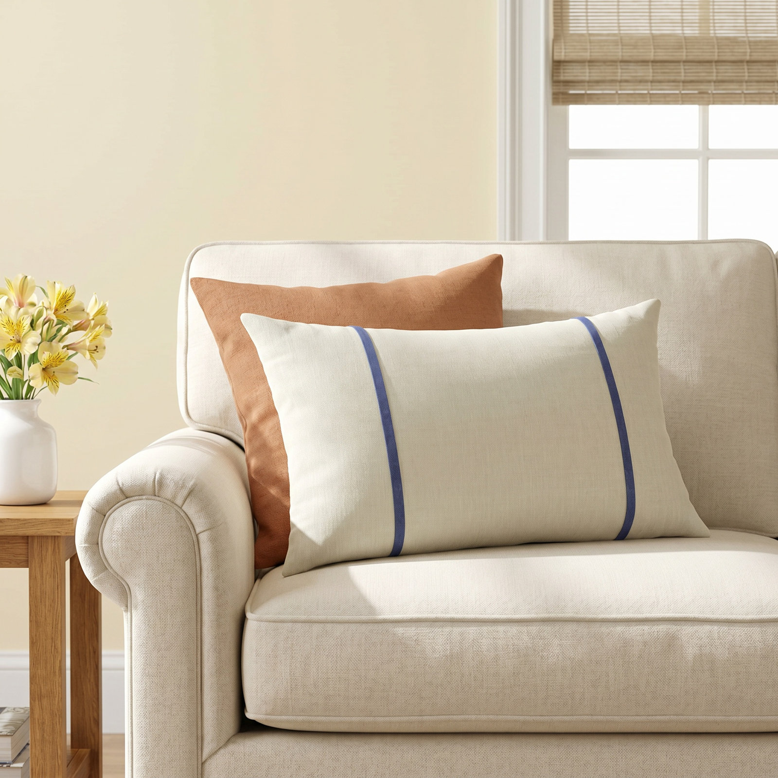 Furston Striped Indoor/Outdoor Lumbar Throw Pillow, White/Navy, 12" x 24"