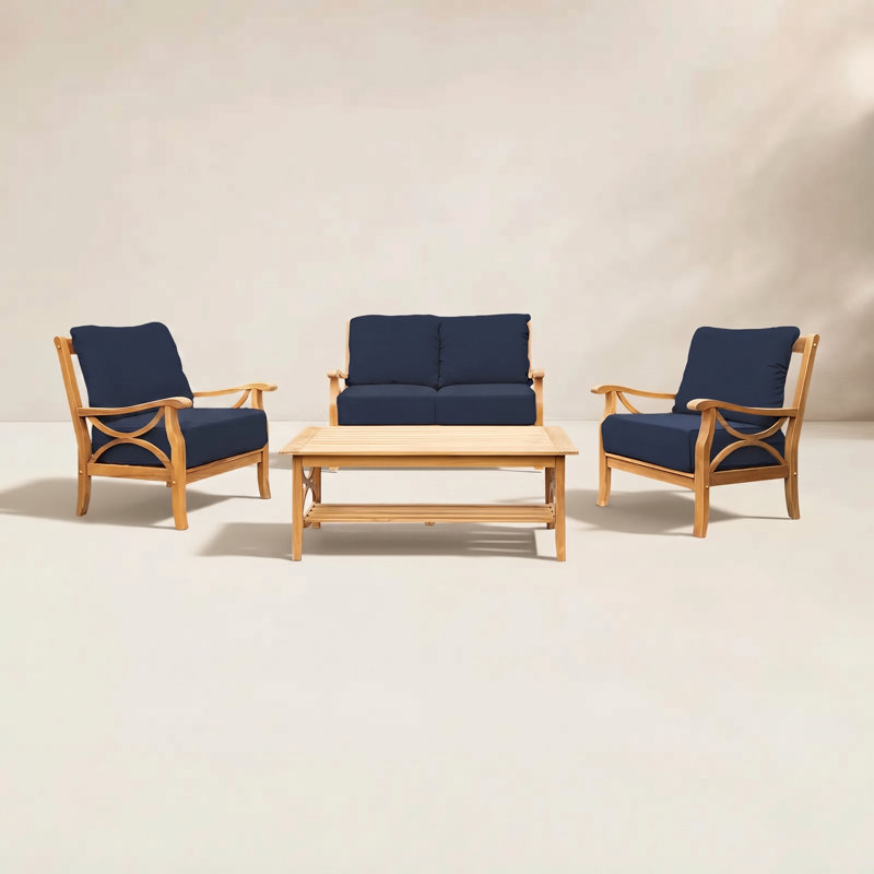 Brunswick 4-Person Teak Outdoor Seating Group With Cushions, Navy