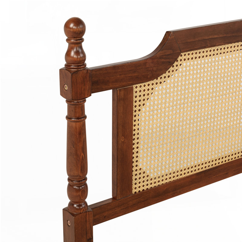 Lit en bois de pin avec tête et pied de lit en rotin, avec plateforme centrale améliorée, Espresso, Très grand lit