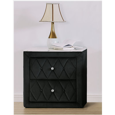 1pc Faux Marble Top Nightstand 2- Drawers Storage Gray Finish Button Tufted Faux Crystal Tufted