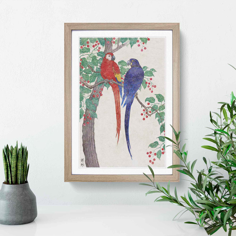 Two Parrots by Ohara Koson - Picture Frame Painting Print, 48cm H x 36cm W x 2cm D, Oak Framed