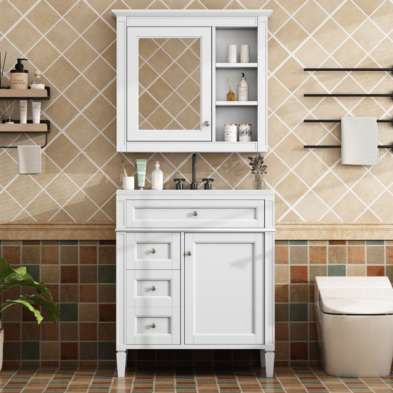Meuble-lavabo 30 po avec assurance qualité, 2 tiroirs, armoire à miroir, lavabo de rangement moderne fiable, Blanc