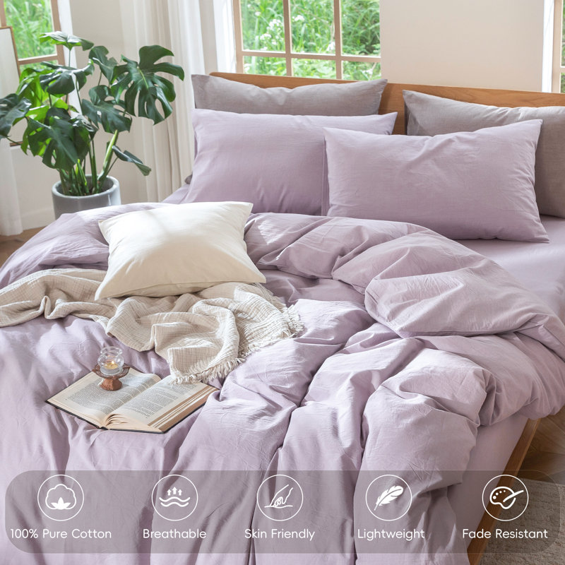 MooMee Lightweight Duvet Cover Set with Zipper Closure 8 Ties 100% Washed Cotton Linen Like Textured Soft Breathable All-Season