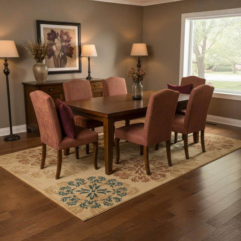 Tapis médaillon en laine beige, rouge, or et bleu sarcelle Ailey