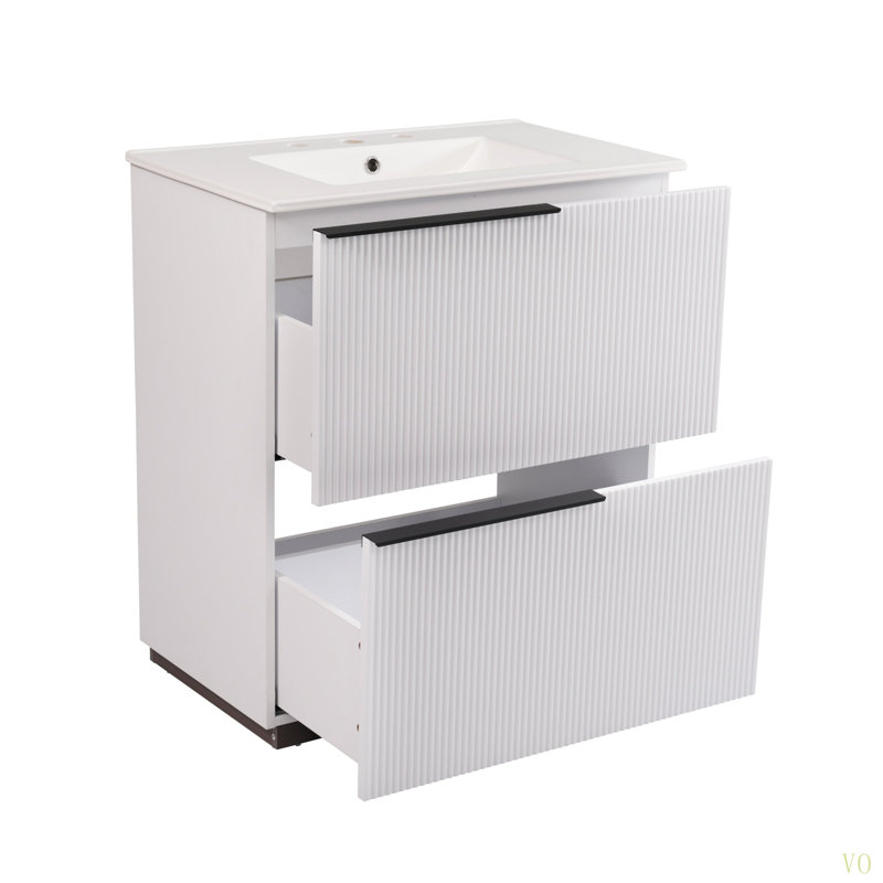 Meuble-lavabo de 30 po avec lavabo en céramique et tiroirs pleine extension, glissières de tiroir à fermeture en douceur, conception cannelée