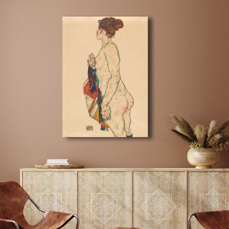 Standing Nude With A Patterned Robe by Egon Schiel - Wrapped Canvas Painting, 100cm H x 70cm W x 4cm D