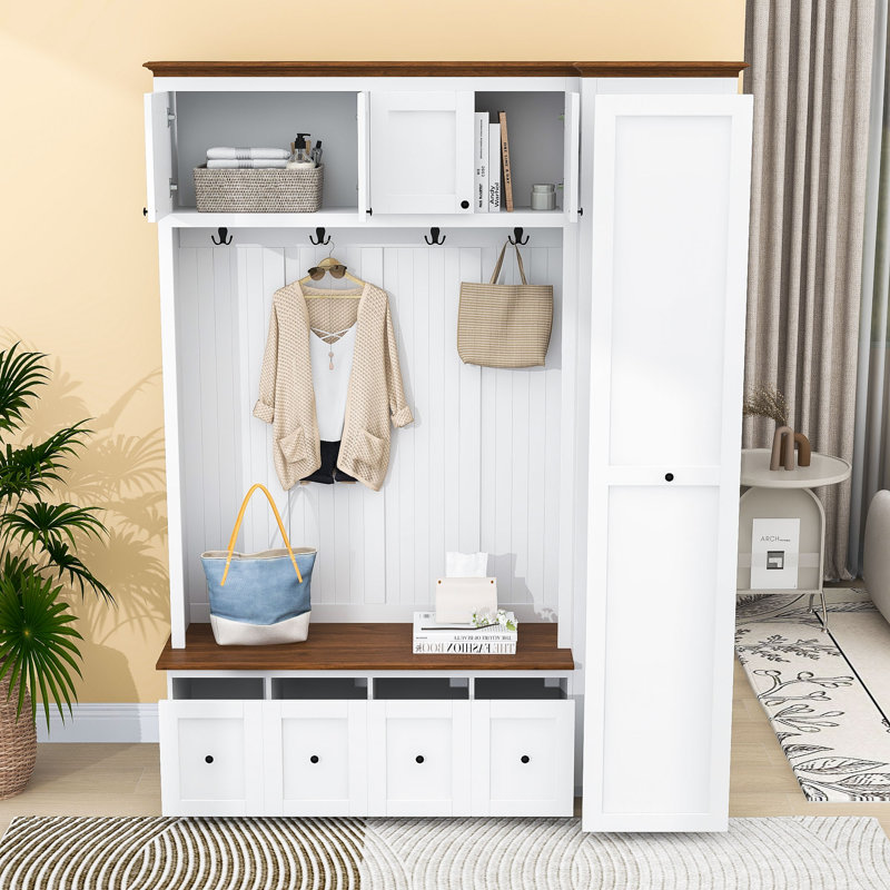 Entryway Hall Tree with Storage Bench, 4 Drawers, 2 Top Cabinets and 4 Hooks, White