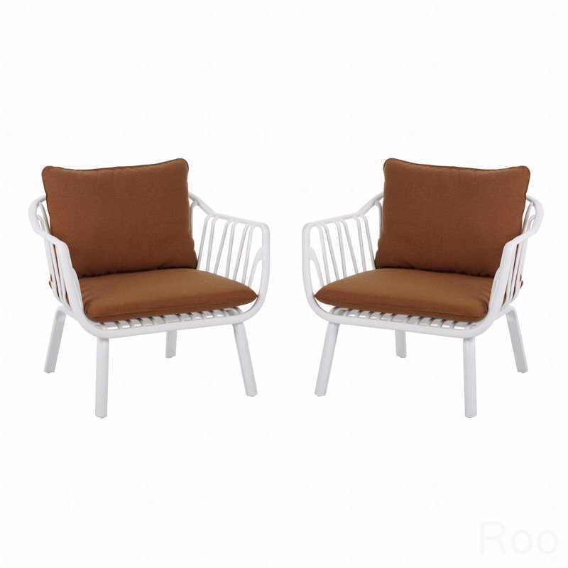 Ensemble de 2 fauteuils club d'extérieur, finition PP blanc avec coussin brun, Brun, Blanc