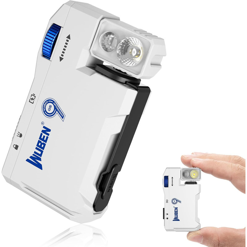 Lampe de poche EDC monobloc en aluminium blanc de 400 lumens avec double source lumineuse et tête rotative à 180°