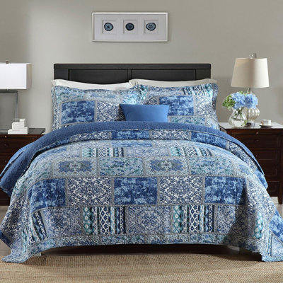 HoneiLife Blue Classic Bohemian Pattern Cotton Bedspread lightweight summer bedspreads 3-Piece Queen Size Quilt Sets