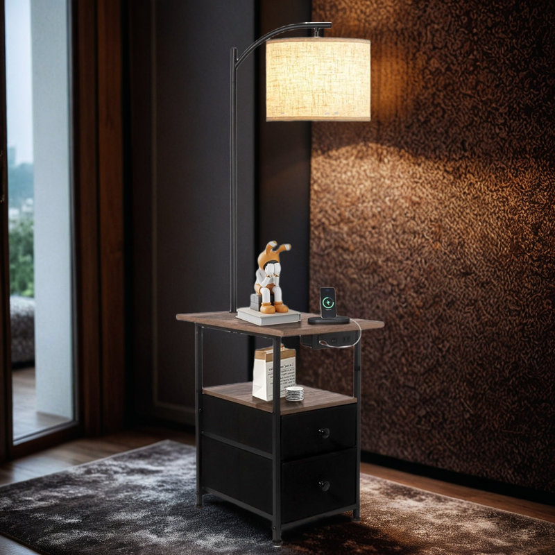 Lampe sur pied avec table d'appoint, 2 tiroirs de rangement et lampe de lecture réglable, ports de charge USB / Type C / AC, 3 températures de couleur pour la chambre à coucher, le salon, le bureau personnel