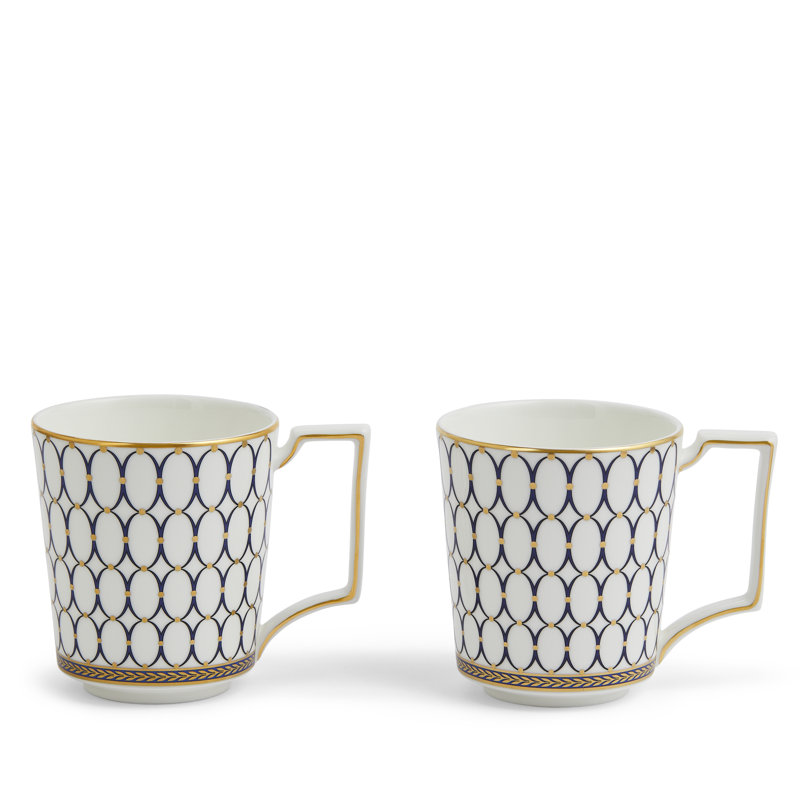 Geometric Blue and Gold Ceramic Mug Set of 2
