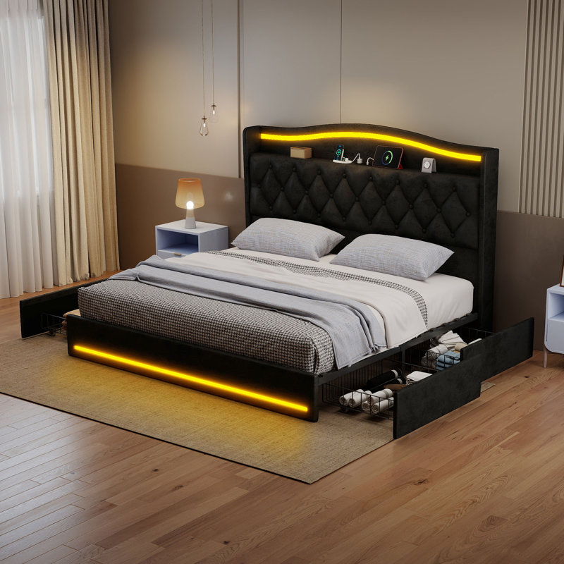 Bed Frame With 4 Storage Drawers & Dual LED Lights, Black, King