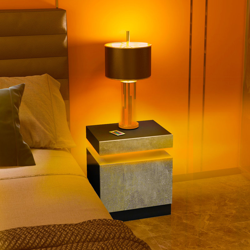 Nightstand, High Gloss Front Side Table w/ LED Lights, for Bedroom, Grey