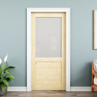 Porte de poche intérieure en bois de pin et verre givré 32 po x 80 po demi-Lite, bois de pin naturel, plaque de porte en verre trempé avec intimité, à peindre et imperméable, comme portes de buanderie, portes de placard, portes de pièce