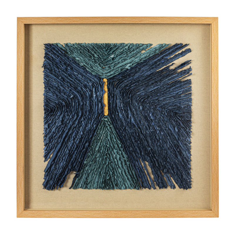 Wood And Glass Framed Paper Shadow Box Wall Décor, Blue And Tan Color