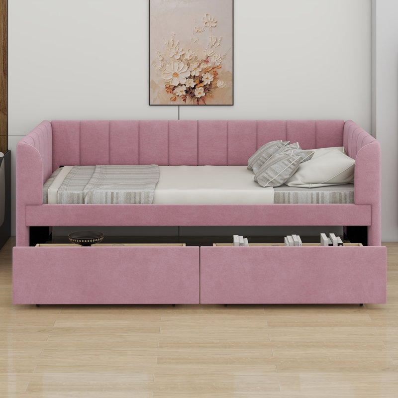 Upholstered Daybed With Ergonomic Design Backrest And 2 Drawers, Pink